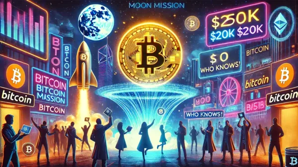 Neon cyberpunk cityscape featuring a floating Bitcoin coin, a struggling moon rocket, a financial vortex, and a mysterious AI overseer.