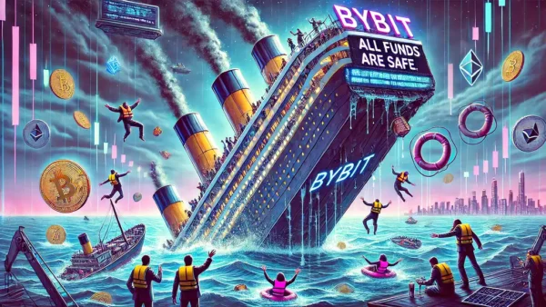 Cyberpunk-style illustration of Bybit sinking like the Titanic, with traders escaping and shadowy figures overseeing the chaos.